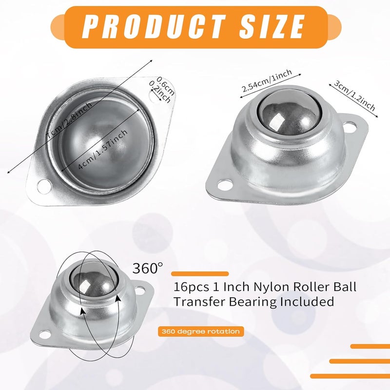 Hiprecky 1” Roller Ball Transfer Bearings 16Pcs, 360º Rotation Universal Roller Bearings, 400Lbs Carbon Steel Round Ball Casters Unit, Ball Bearing Rollers for Conveyor, Roller Stand, Transmission, Furniture - Image 2